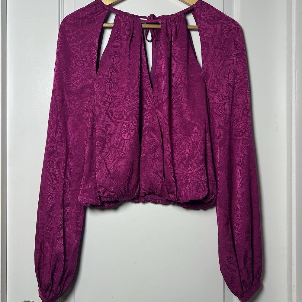 Veronica Beard Silk Blend Magenta Paisley Sionne Long Sleeve Cut Out Blouse